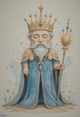 Watercolor Sandcastle King with Seashell Scepter and Moat Robe