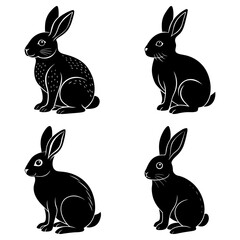 Fototapeta premium Four stylized black rabbits sitting upright in a grid pattern on a white background design element