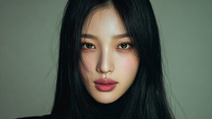 Korean female model with long hair posing in front of camera inside studio - Beautiful asian girl portrait - Model by AI generative