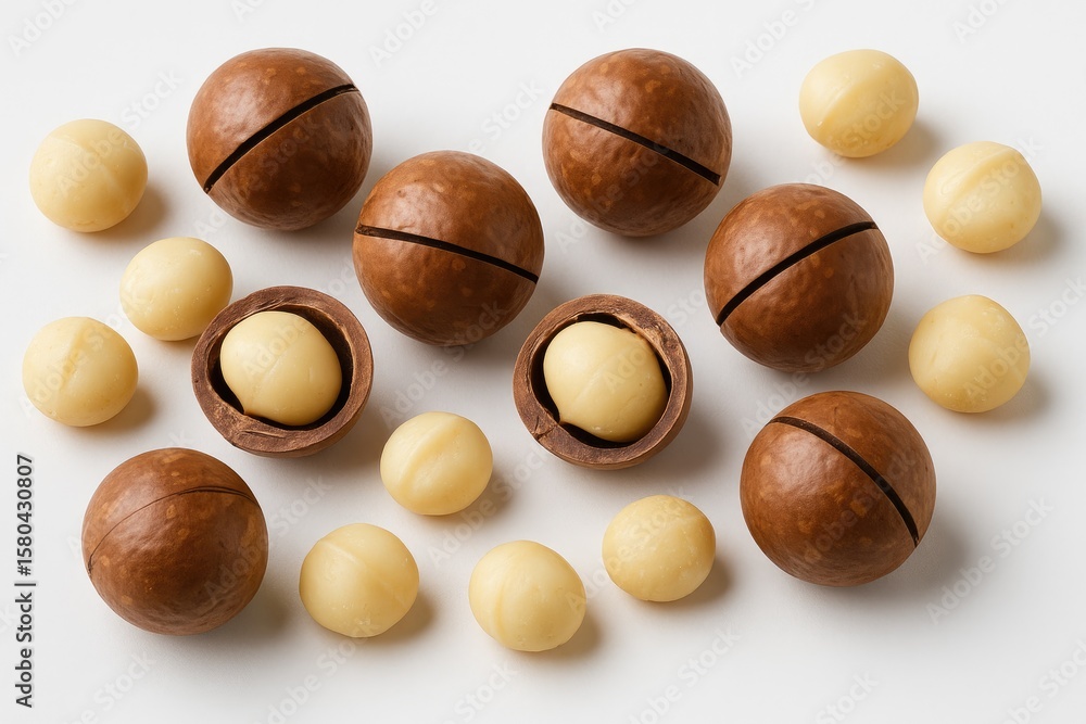 Aufkleber macadamia nuts with and without shells displayed on a plain white surface