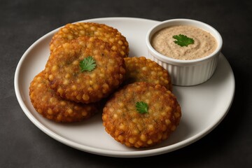 Crispy Sago Fritters Paired with Nutty Chutney on a Moody Backdrop, A Famous Fasting Snack from South Asia