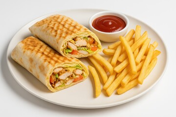 Grilled chicken wrap served with fries and ketchup on a white plate