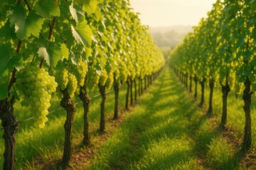 Naklejka premium Backlit view of wine grape clusters on the vine