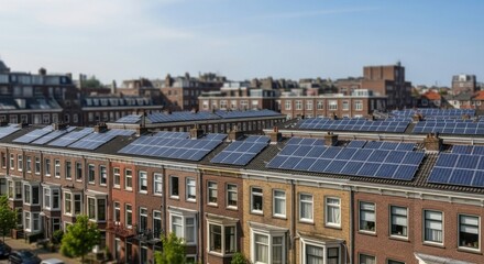 Fototapeta premium Residential Row Houses with Solar Panels on Roofs in Urban Neighborhood