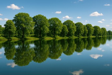 Mirror images in a tranquil lakeside surrounded by trees