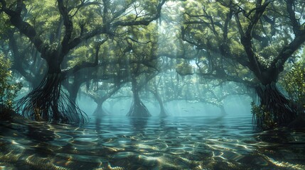 Underwater mangrove forest flooded trees, diverse ecology