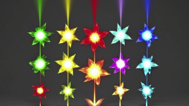 Animation of glowing chakra flowers radiating vibrant colors