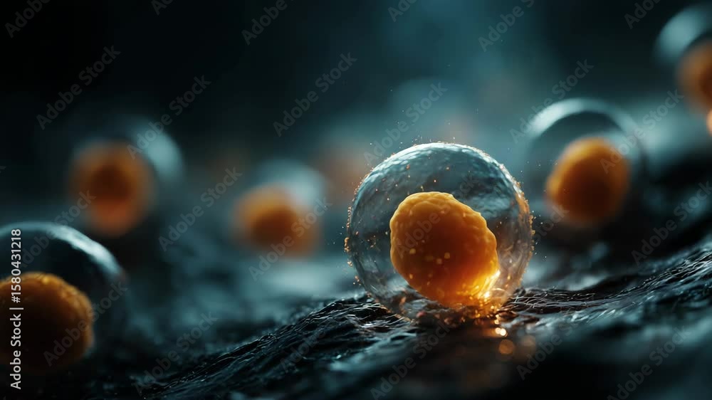 Poster organic structures shift slowly while ambient rhythm pulses and particles drift in translucent shape