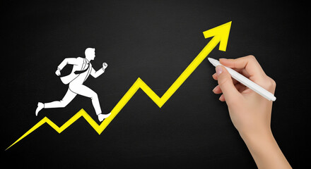 Illustration of a businessman runs on a hand-drawn jagged yellow arrow, symbolizing challenges and resilience on the path to success