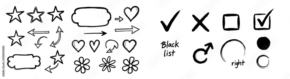 Poster line brush hand drawn sketch doodle icon set. star heart arrow element checkbox correct cross flower