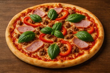 Delicious pizza topped with mozzarella, ham, peppers, meats, tomato sauce, spices, and fresh basil served on a wooden surface