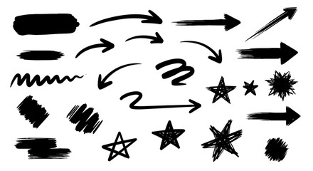 Line marker hand drawn brush arrow doodle set. Sketch pencil stroke vector graphic pen underline scribble icon. Hand drawn line star shape highlight marker shape. Vector illustration