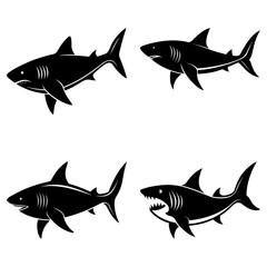 Fototapeta premium Four black silhouette illustrations of sharks swimming in different positions on a white background