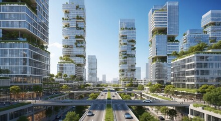 Modern Cityscape with Tall Glass Office Buildings and Elevated Roads on Bright Day