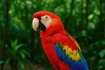 Vivid Crimson Parrot Set Against Lush Green Jungle Scene