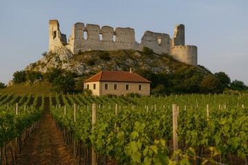 Fototapeta premium Ancient remains of Devicky Fortress surrounded by a vineyard