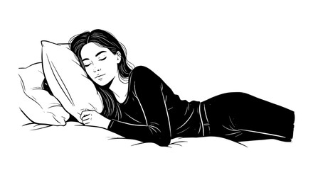 Hand drawn sketch woman sleep pillow illustration. Sleeping girl sketch drawing, brush line art, girl character with pillow, illustration relaxing in bed. Vector illustration