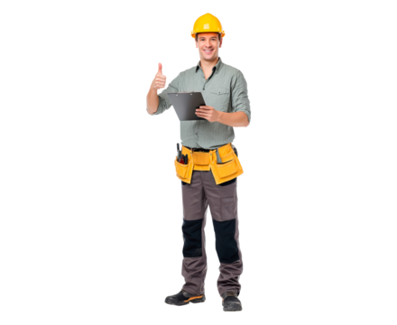 Construction worker smiling with thumbs up and clipboard for project management on transparent background, PNG