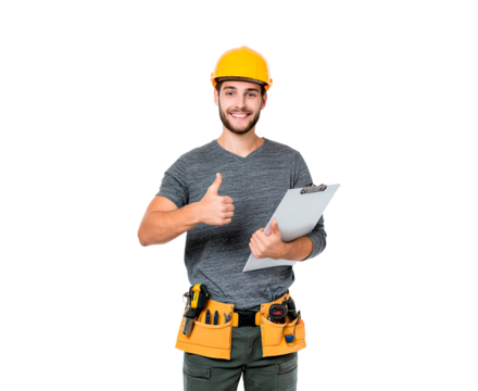 Happy construction worker giving thumbs up with tool belt and clipboard on transparent background, PNG