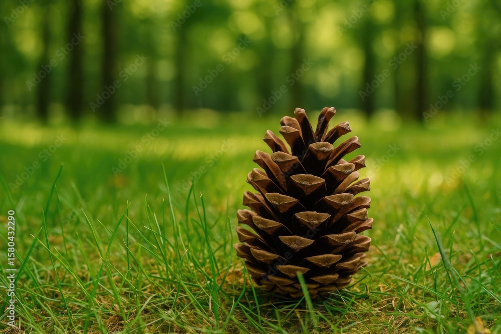 Poster close-up of a pinecone nestled in grass in a forest setting