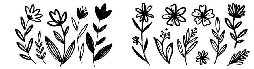 Flower brush hand drawn doodle vector set. Hand drawn floral leaf elements in brush stroke ink style. Simple abstract botanical silhouette for nature black paint art set. Vector illustration