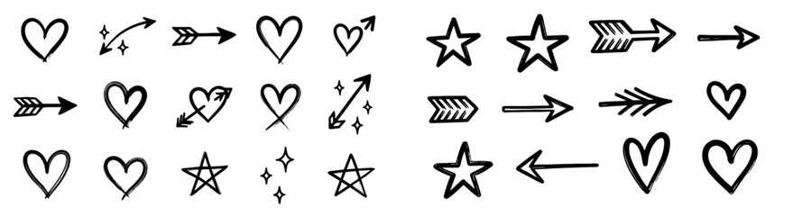 Line marker hand drawn brush arrow, heart, star element set. Hand drawn sketch marker underline shape, arrow, star scribble brush pen stroke element. Love graphic icon. Vector illustration