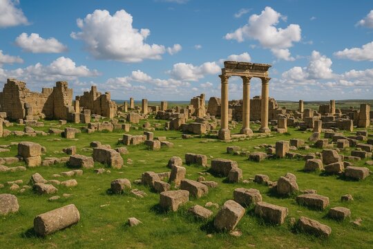 Ancient remains scattered across the grassy landscape of a historic Roman-Berber settlement in the former Numidia region.