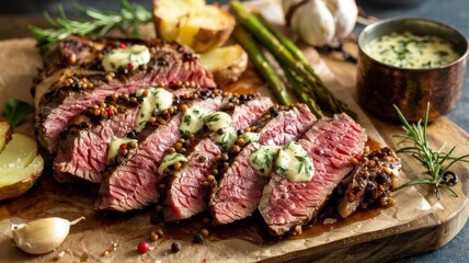 Garlic butter steak sliced and arranged on wooden cutting board with herb-infused butter dollops, medium-rare perfection with asparagus and roasted potatoes