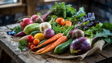 Vibrant veggies fresh harvest collection with multicolored heirloom vegetables including purple eggplant, orange carrots and cherry tomatoes on rustic wooden table