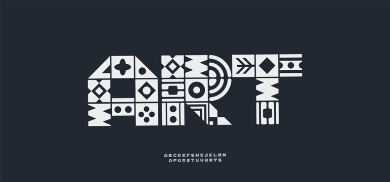 Tribal ethnic decorative font, folk pattern blocks letters. African, Aztec, Scandinavian, boho styles typography for ethnic artisan branding, cultural packaging, galleries, museum.Vector illustration. - Powered by Adobe