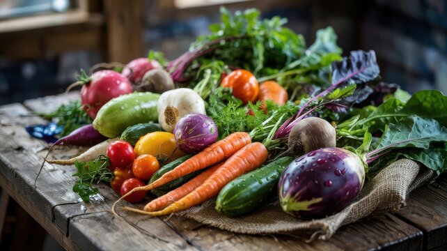 Vibrant veggies fresh harvest collection with multicolored heirloom vegetables including purple eggplant, orange carrots and cherry tomatoes on rustic wooden table