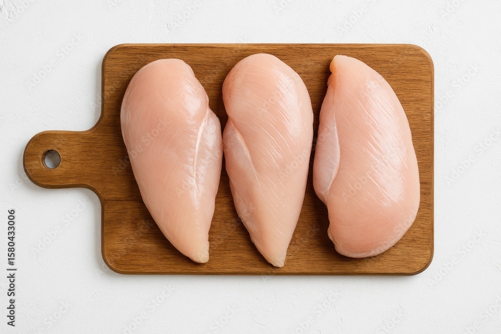 Poster raw poultry slices displayed on a rustic wooden surface from above