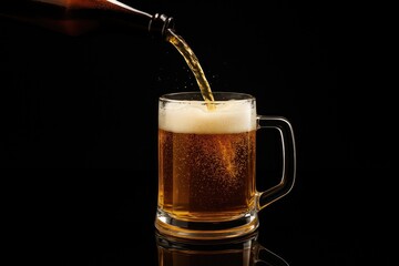Filling a beer glass from a bottle against a dark reflective surface