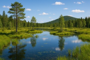 Obraz premium A bright summer day showcasing a wetland landscape with water, lush greenery, and rolling hills in the distance
