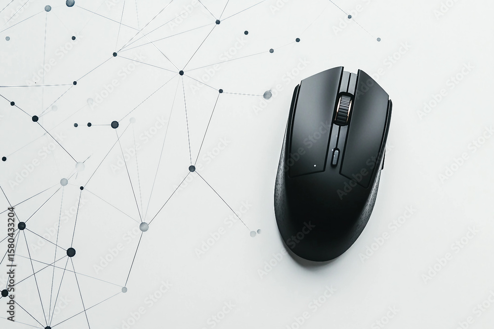 Fototapete wireless mouse on white surface with network pattern background, minimalistic tech design, generativ