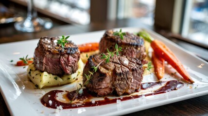 Beef sirloin medallions with perfect sear and caramelized crust served on white rectangular plate with red wine reduction sauce and fresh thyme garnish
