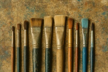 A detailed close-up of artist brushes arranged on an art table