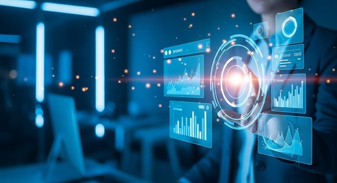 A person interacts with a holographic interface displaying data visualizations and charts in a modern, futuristic office environment.