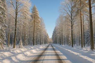 Snowy woodland pathway basking in sunshine