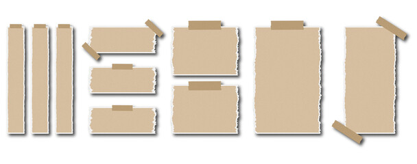 Torn paper notes with tape on transparent background