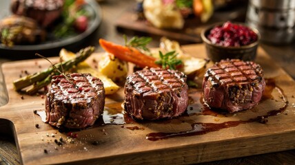 Grilled venison medallions with perfect crosshatch grill marks on rustic wooden cutting board served with roasted vegetables and cranberry sauce