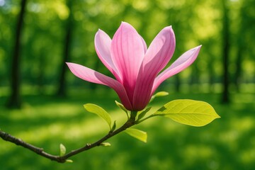 Close-up of a pink magnolia blossom on a branch surrounded by lush green foliage in a sunny springtime park