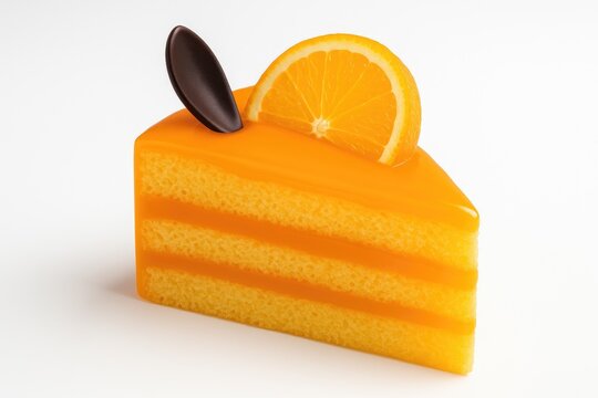 Vivid orange dessert adorned with chocolate on a plain white backdrop