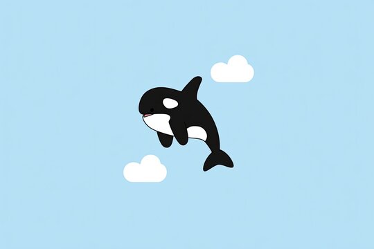 Cute cartoon or illustration of a killer whale leaping in the sky, against a pale blue background with puffy white clouds - Powered by Adobe