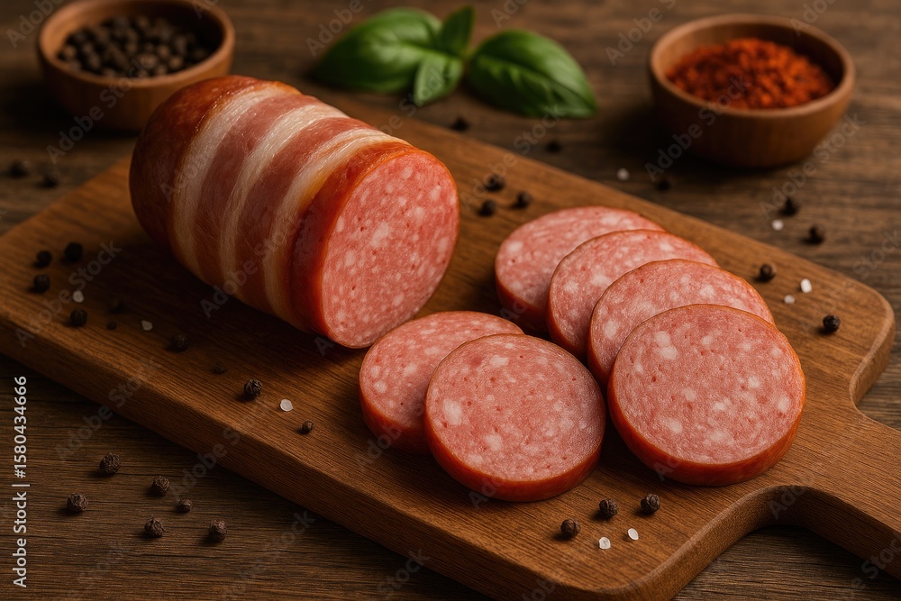 Poster thinly sliced pork sausage paired with crispy bacon and additional sausage slices