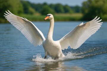Fototapeta premium Majestic Swan Descending onto a Calm Lake