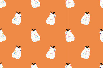 Halloween seamless pattern, white pumpkin with multicolored polka dots on an orange background. All Saints' Day. National and international holiday. For backgrounds, wallpapers, textiles, packaging.