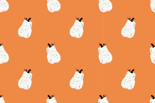 Halloween seamless pattern, white pumpkin with multicolored polka dots on an orange background. All Saints' Day. National and international holiday. For backgrounds, wallpapers, textiles, packaging. - Powered by Adobe