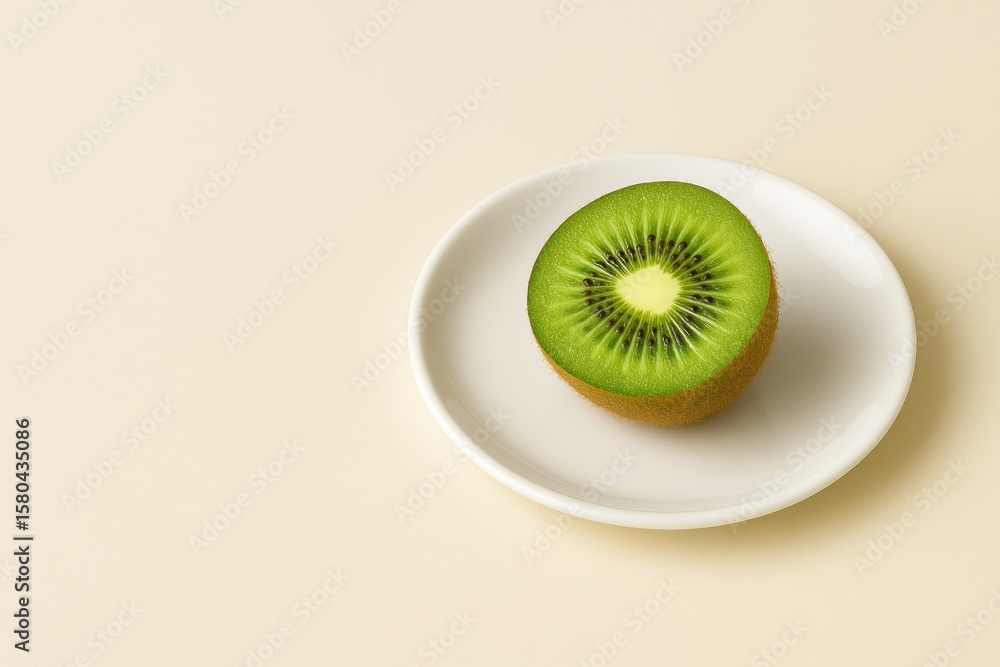 Poster cutting a kiwi fruit on a white plate with a creamy backdrop and space for custom text