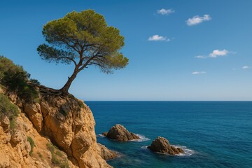Obraz premium A breathtaking view of the sky over the ocean with a towering cliff and rugged rocks